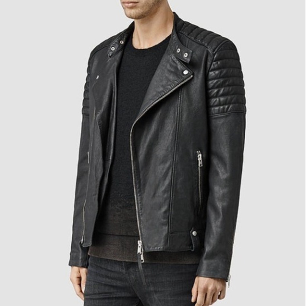 All Saints Kane 100% Leather Jacket Mens Small Biker Black Asymmetric ML053F